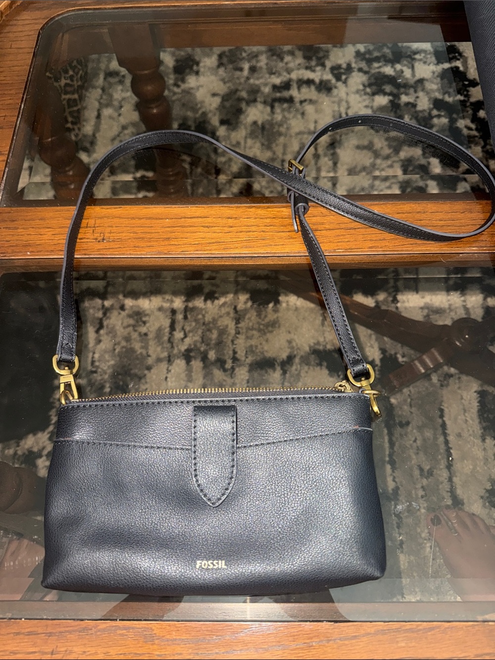 Fossil Black Leather Crossbody with Gold Hardware
